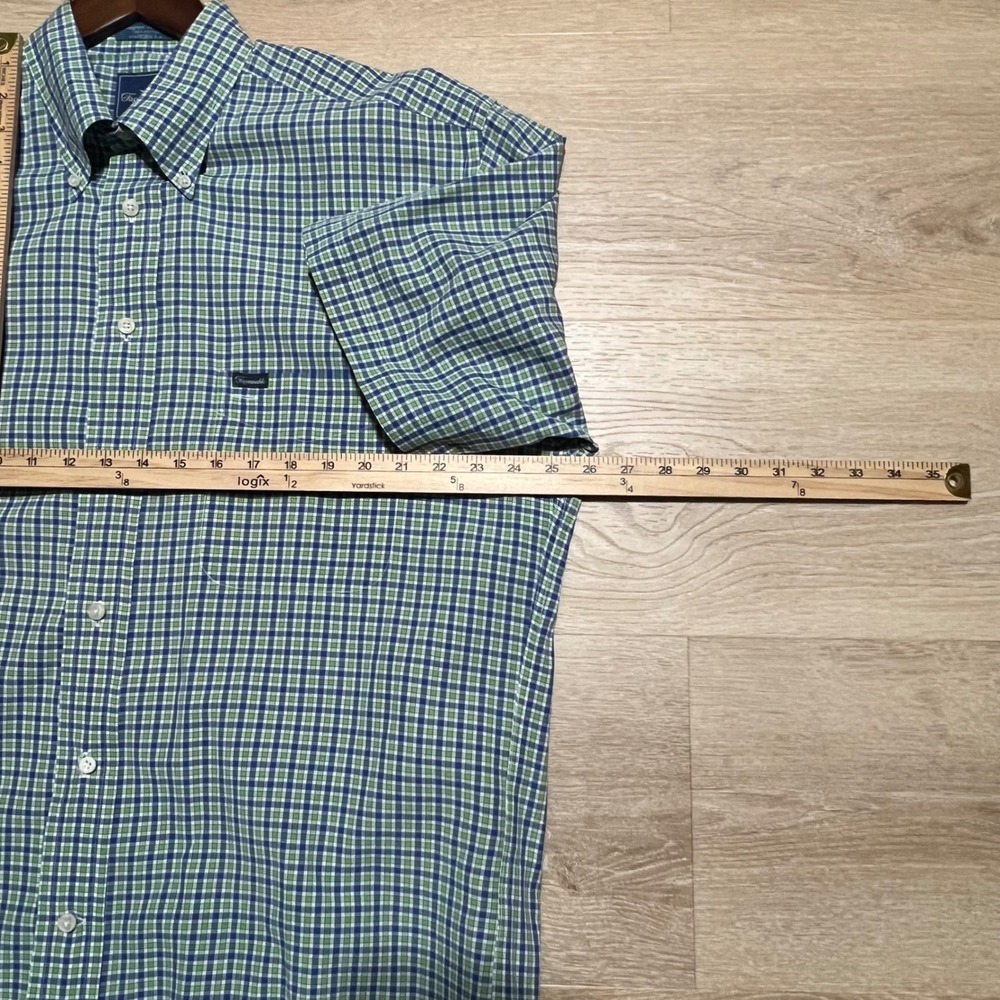 Faconnable Mens Large Green Blue Plaid Short Sleeve Button Down Shirt USA Made - Picture 7 of 10